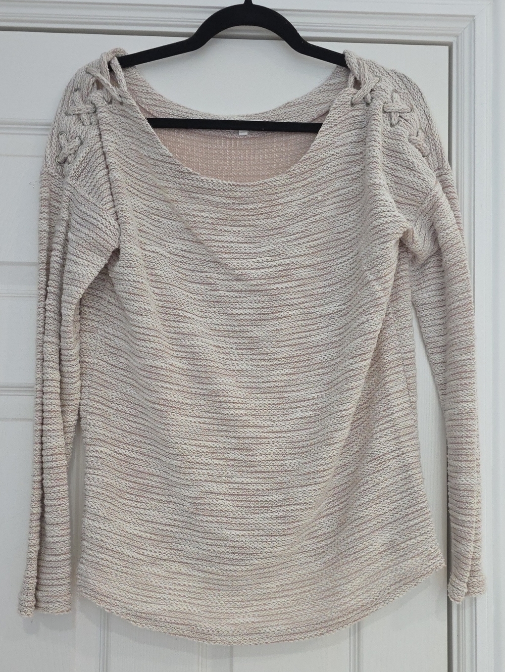 Maurices Cream Scoop Neck Knit Sweater with Shoulder Lace-Up